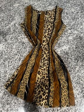 VINTAGE Giorgio Fiorelli Sleeveless Animal & Stripe Mini Dress - Brown & Black